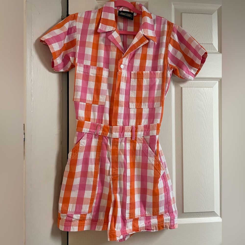 big bud press short sleeve jumpsuit orange-pink plaid